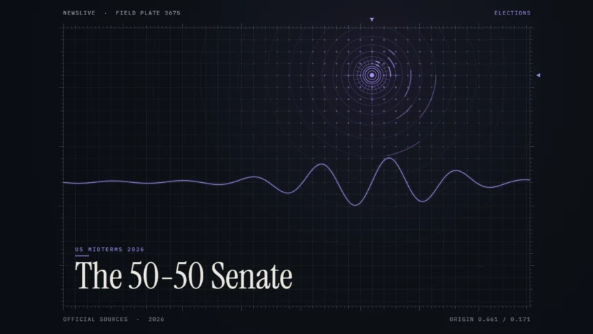 50-50 senate illustration: abstract signal design with the title The 50-50 Senate