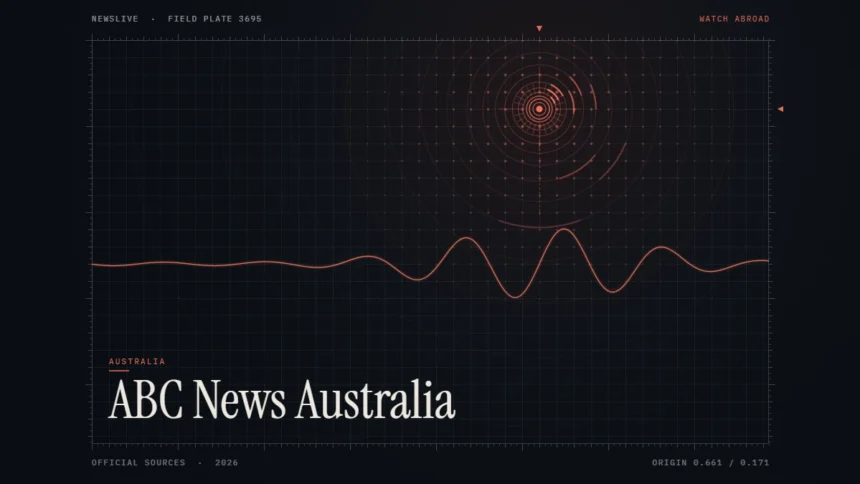 ABC News Australia live guide illustration: coral signal rings and waveform with the title ABC News Australia