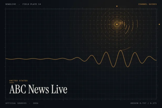 ABC News Live guide illustration: amber broadcast rings and waveform with the title ABC News Live