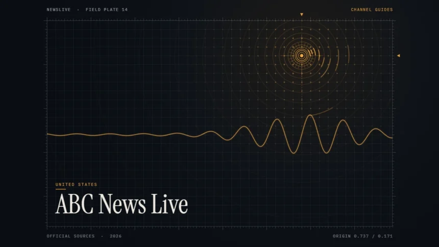ABC News Live guide illustration: amber broadcast rings and waveform with the title ABC News Live