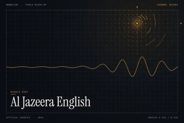Al Jazeera English live guide illustration: amber signal waveform and rings with the title Al Jazeera English