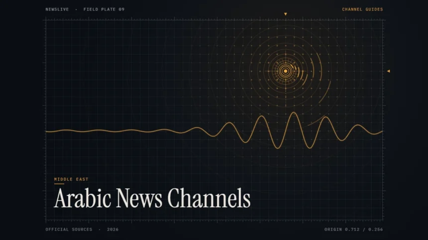 Arabic news channels live guide illustration: amber signal rings with the title Arabic News Channels