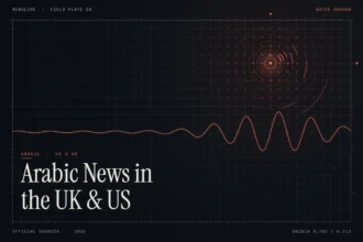 Watch Arabic news in the UK guide illustration: coral signal waveform with the title Arabic News in the UK & US