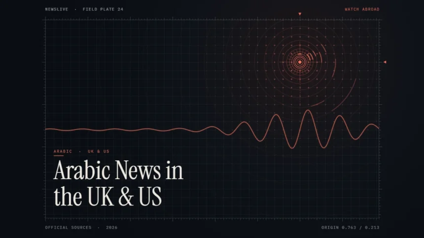 Watch Arabic news in the UK guide illustration: coral signal waveform with the title Arabic News in the UK & US