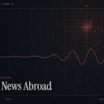 Watch BBC News abroad guide illustration: coral broadcast rings and waveform with the title BBC News Abroad