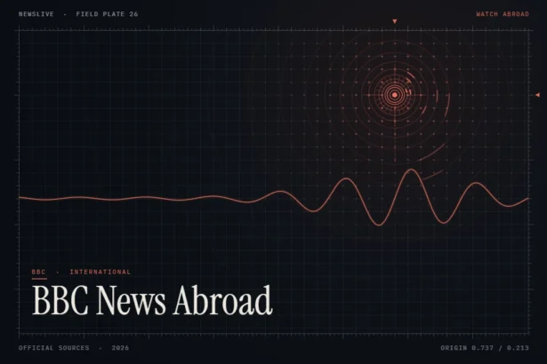 Watch BBC News abroad guide illustration: coral broadcast rings and waveform with the title BBC News Abroad