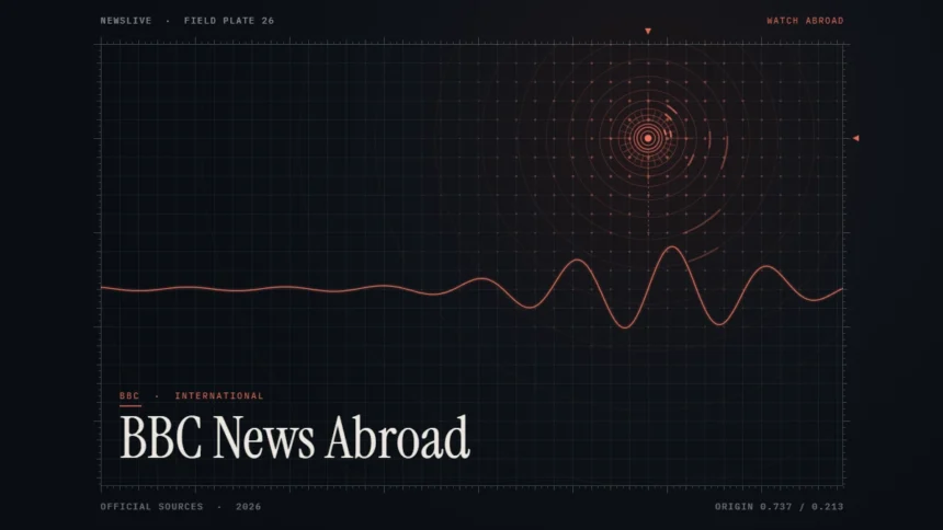 Watch BBC News abroad guide illustration: coral broadcast rings and waveform with the title BBC News Abroad