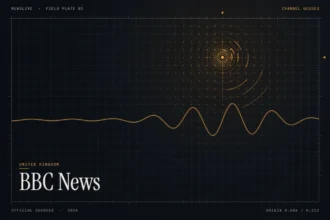 BBC News live stream guide illustration: amber broadcast signal rings and waveform with the title BBC News