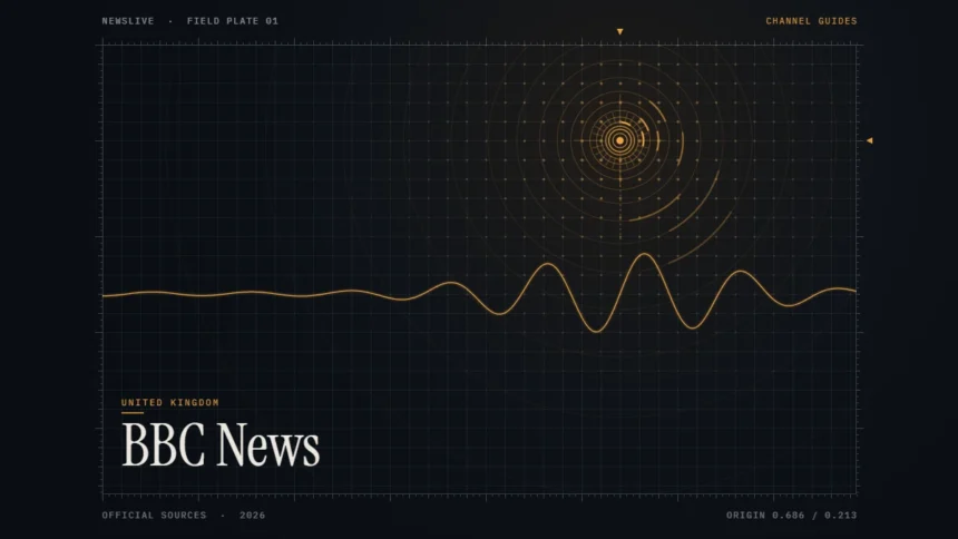 BBC News live stream guide illustration: amber broadcast signal rings and waveform with the title BBC News
