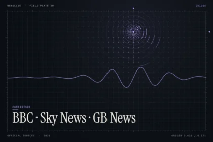 UK news channels compared illustration: violet broadcast rings with the title BBC, Sky News, GB News