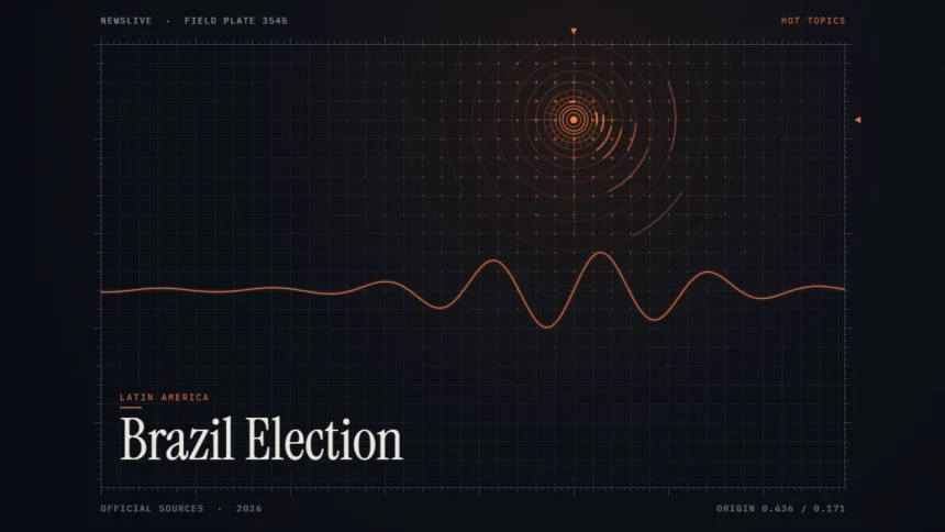 Brazil election news illustration: orange signal rings and waveform with the title Brazil Election