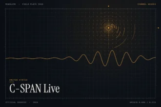 C-SPAN Live Stream guide illustration: amber signal rings and waveform with the title C-SPAN Live