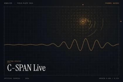 C-SPAN Live Stream guide illustration: amber signal rings and waveform with the title C-SPAN Live