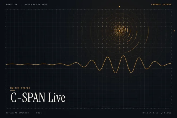 C-SPAN Live Stream guide illustration: amber signal rings and waveform with the title C-SPAN Live