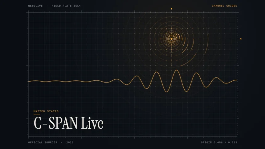 C-SPAN Live Stream guide illustration: amber signal rings and waveform with the title C-SPAN Live