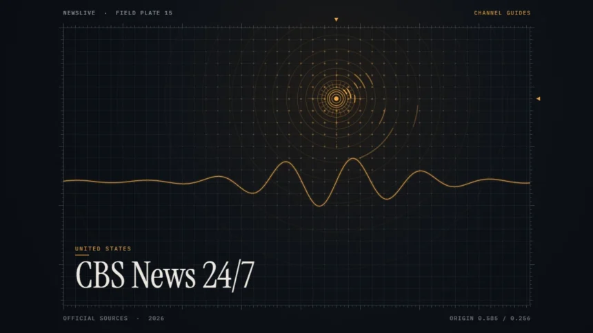 CBS News live guide illustration: amber signal rings with the title CBS News 24/7