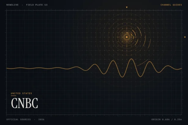 CNBC live stream guide illustration: amber signal waveform with the title CNBC
