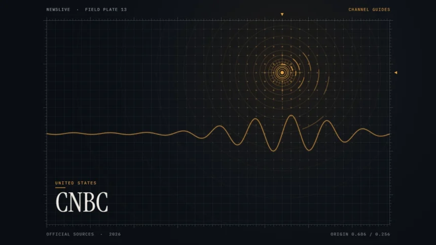 CNBC live stream guide illustration: amber signal waveform with the title CNBC