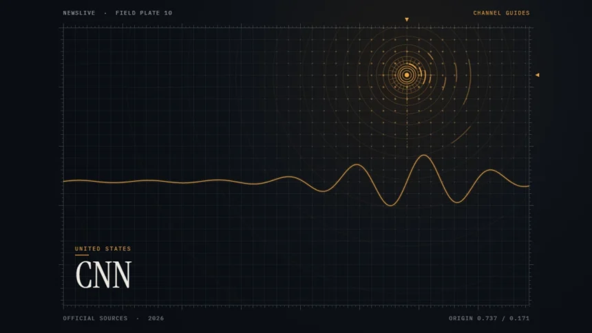 CNN live stream guide illustration: amber signal waveform and rings with the title CNN