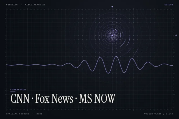 CNN vs Fox News vs MSNBC comparison illustration: violet signal rings with the title CNN, Fox News, MS NOW