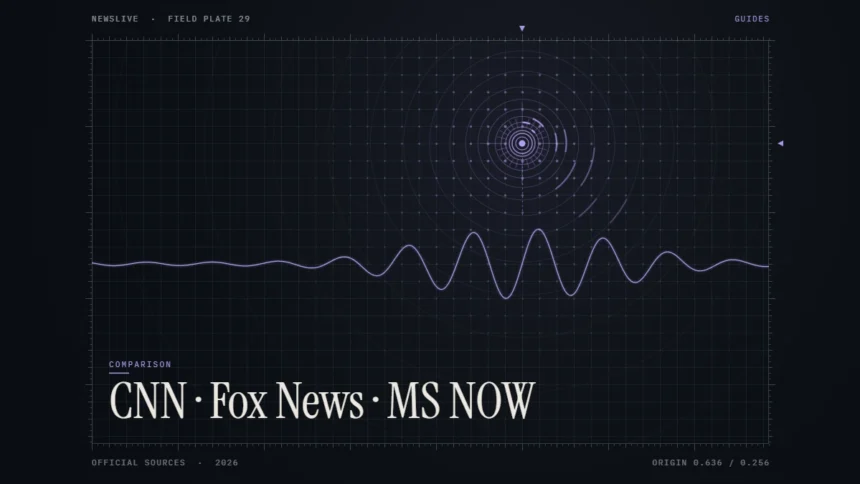CNN vs Fox News vs MSNBC comparison illustration: violet signal rings with the title CNN, Fox News, MS NOW