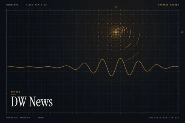 DW News live guide illustration: amber signal waveform and rings with the title DW News
