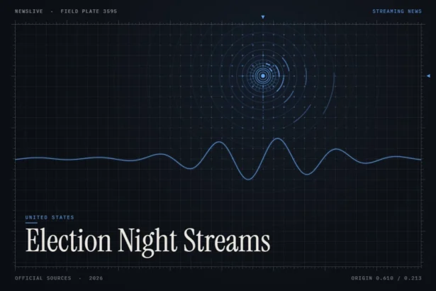 Election night livestream guide illustration: blue signal rings and waveform with the title Election Night Streams