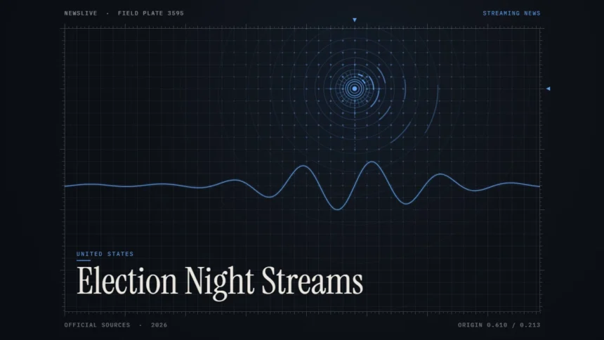Election night livestream guide illustration: blue signal rings and waveform with the title Election Night Streams
