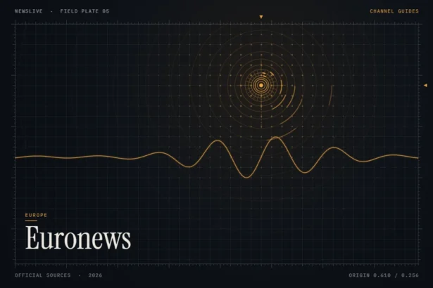 Euronews live guide illustration: amber signal rings and waveform with the title Euronews
