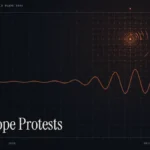 europe cost of living protests news illustration: orange signal rings and waveform with the title Europe Protests