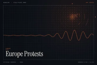 europe cost of living protests news illustration: orange signal rings and waveform with the title Europe Protests