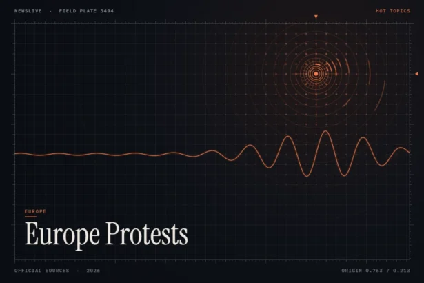 europe cost of living protests news illustration: orange signal rings and waveform with the title Europe Protests