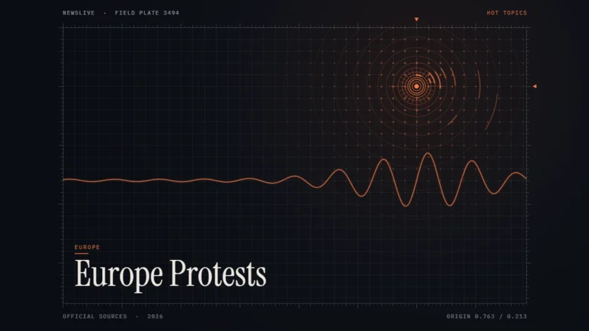 europe cost of living protests news illustration: orange signal rings and waveform with the title Europe Protests