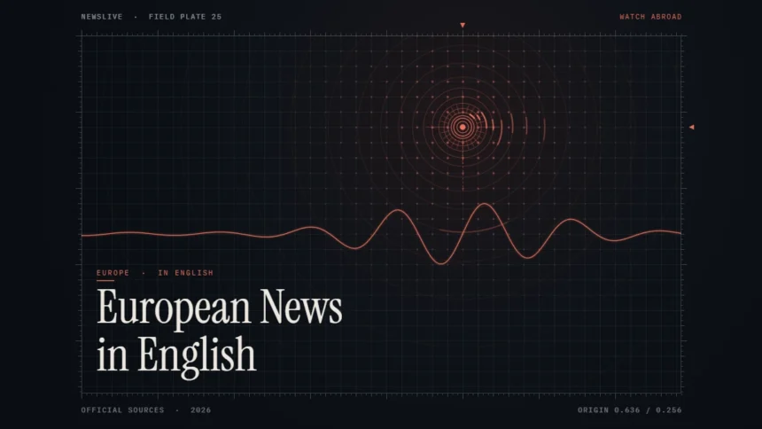 European news channels in English guide illustration: coral signal rings with the title European News in English