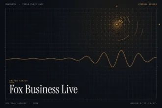 fox business live stream guide illustration: amber signal rings and waveform with the title Fox Business Live