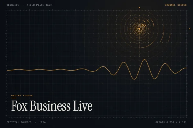 fox business live stream guide illustration: amber signal rings and waveform with the title Fox Business Live
