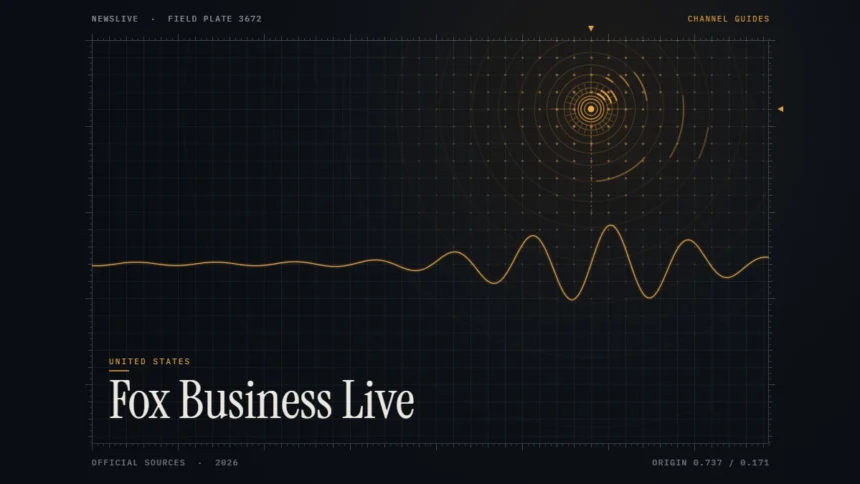 fox business live stream guide illustration: amber signal rings and waveform with the title Fox Business Live