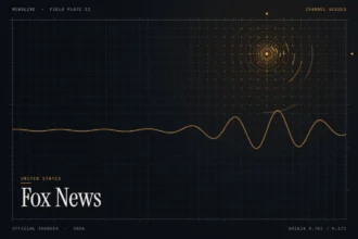 Fox News live stream guide illustration: amber broadcast rings over a grid with the title Fox News