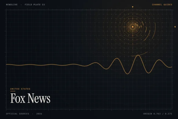 Fox News live stream guide illustration: amber broadcast rings over a grid with the title Fox News