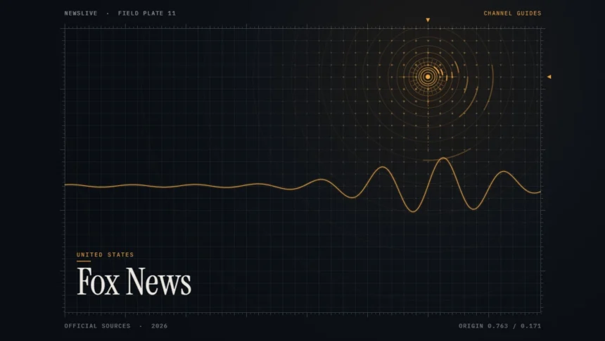 Fox News live stream guide illustration: amber broadcast rings over a grid with the title Fox News