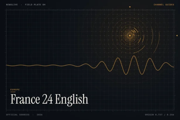 France 24 English live guide illustration: amber broadcast rings and waveform with the title France 24 English
