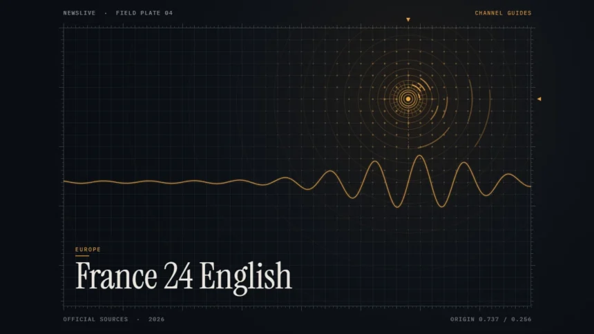 France 24 English live guide illustration: amber broadcast rings and waveform with the title France 24 English