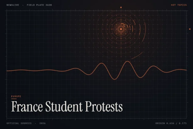 France student protests news illustration: orange signal rings and waveform with the title France Student Protests