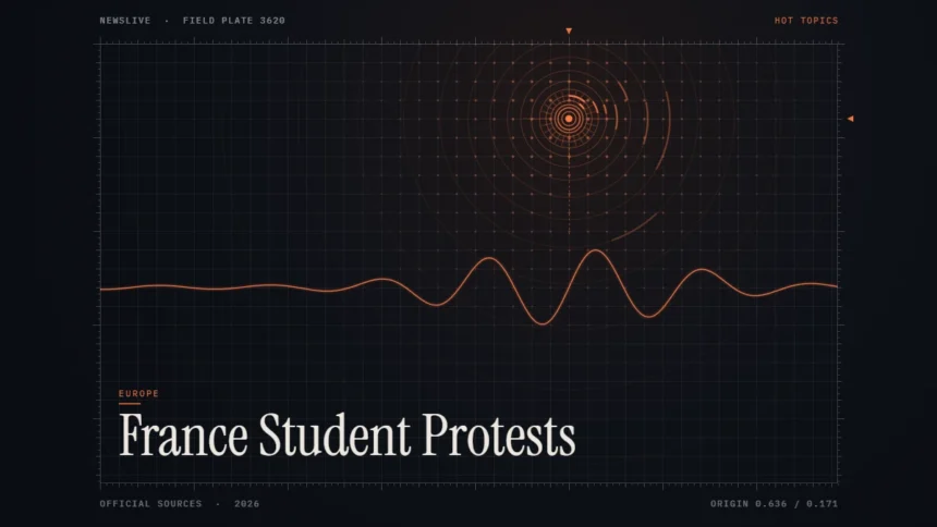 France student protests news illustration: orange signal rings and waveform with the title France Student Protests