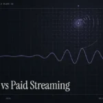 Free news streaming guide illustration: violet signal waveform with the title Free vs Paid Streaming