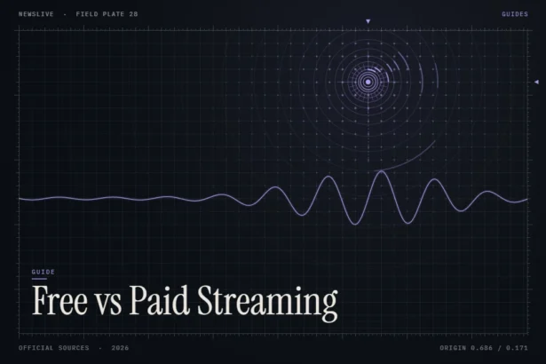 Free news streaming guide illustration: violet signal waveform with the title Free vs Paid Streaming