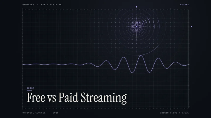 Free news streaming guide illustration: violet signal waveform with the title Free vs Paid Streaming
