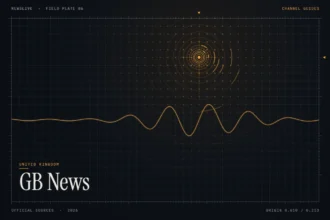 GB News live guide illustration: amber signal rings over a dark grid with the title GB News