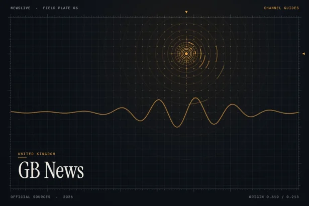 GB News live guide illustration: amber signal rings over a dark grid with the title GB News