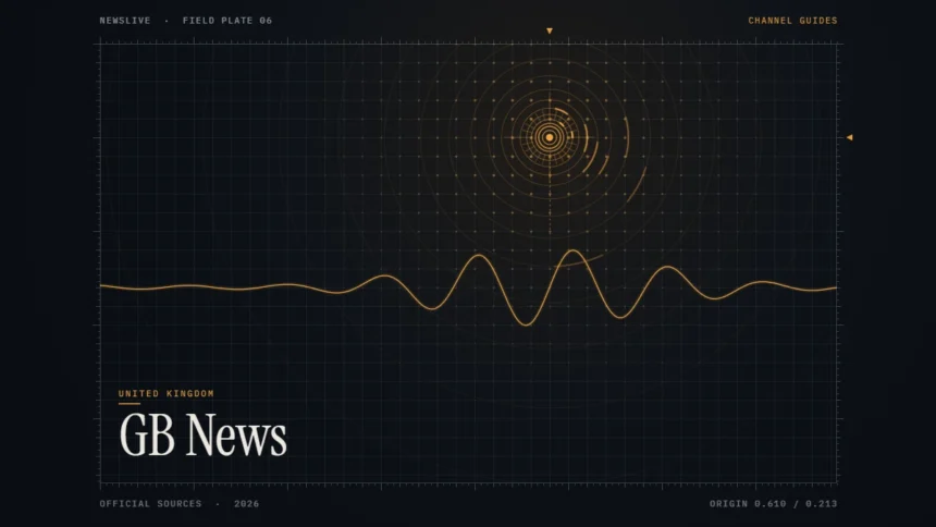 GB News live guide illustration: amber signal rings over a dark grid with the title GB News